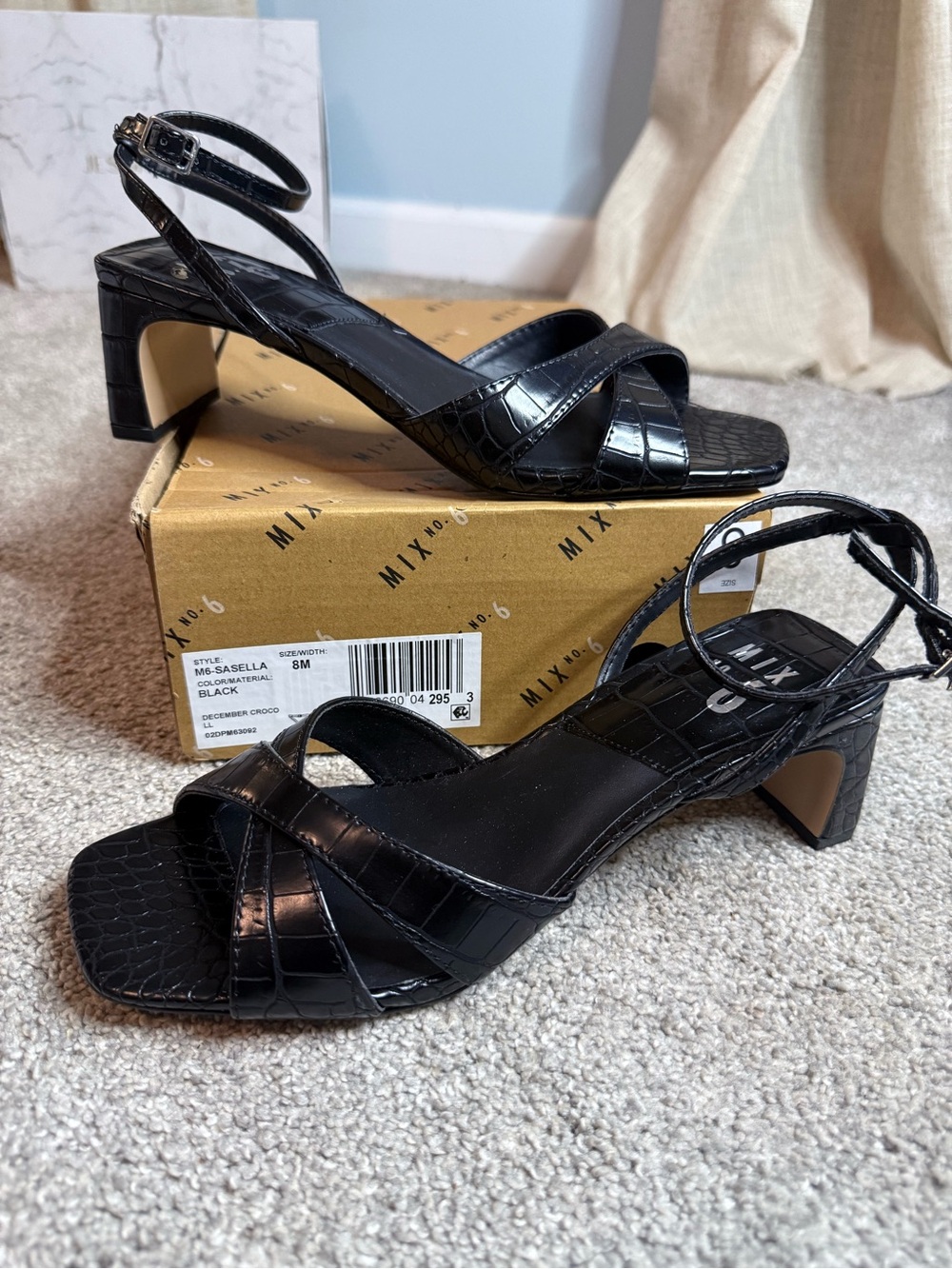 Mix No.6 Black Croc-Embossed Strappy Block Heel Sandals
